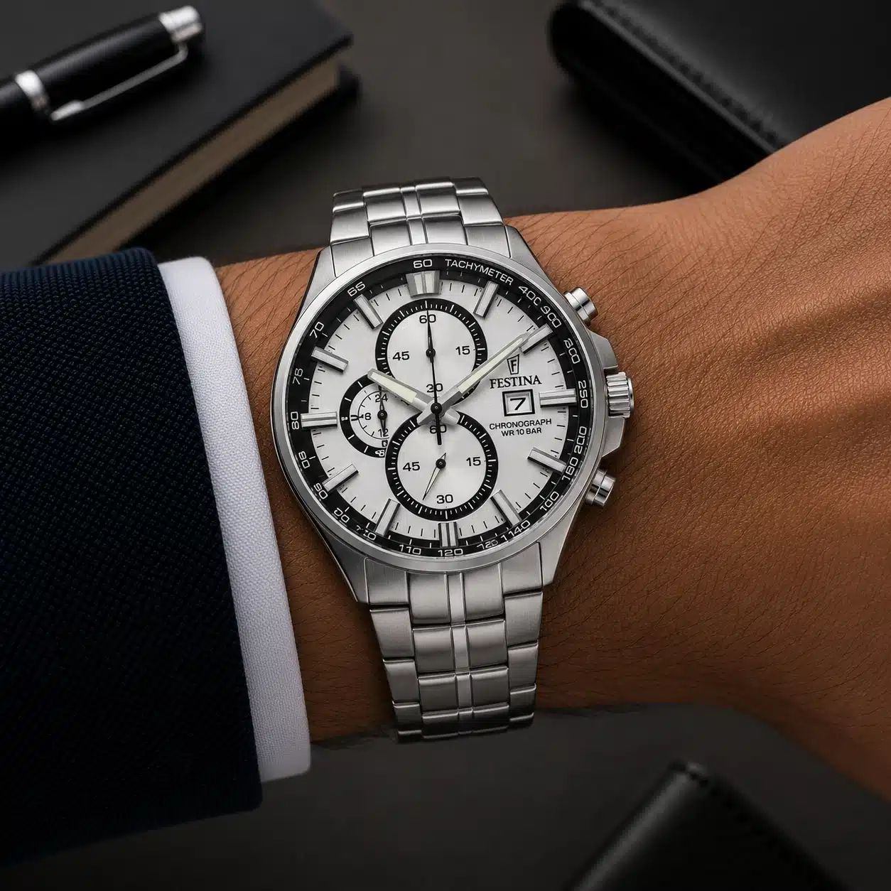 Ανδρικό Ρολόι Χρονογράφος 44mm Quartz με Ατσάλινο Μπρασελέ & Ασημί Καντράν 10ATM F6862-1 Ανδρικό Ρολόι Χρονογράφος 44mm Quartz με Ατσάλινο Μπρασελέ & Ασημί Καντράν 10ATM F6862-1