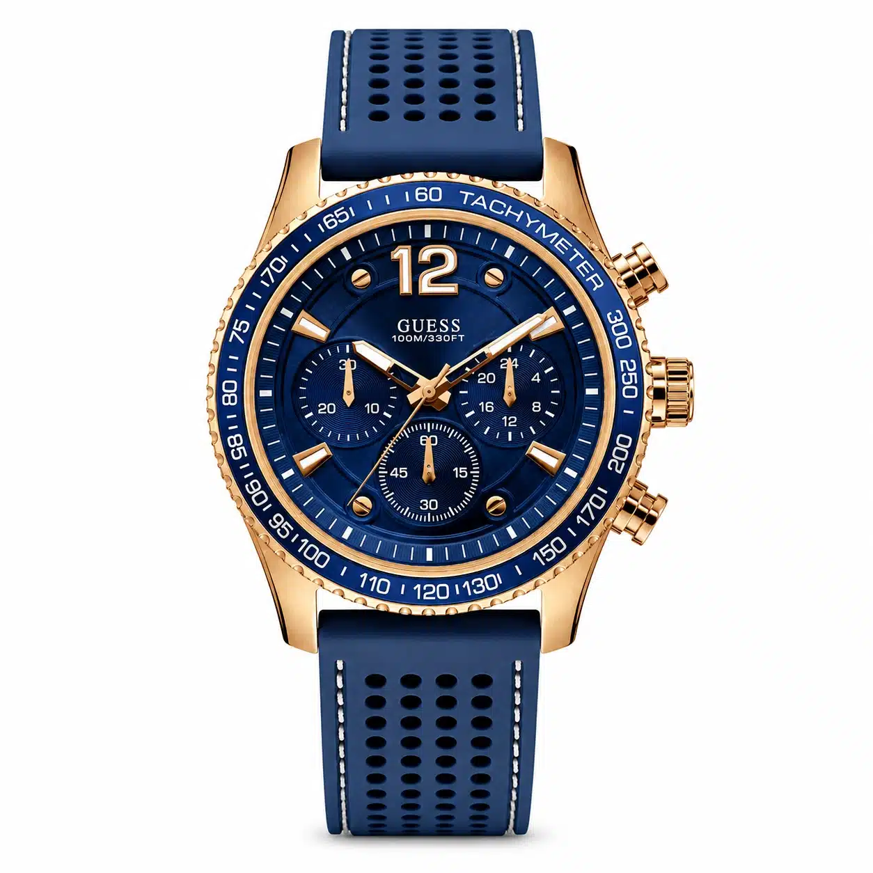 Ανδρικό ρολόι Guess μπλε 44mm με ροζ χρυσή κάσα 100M W0971G3 Ανδρικό ρολόι Guess μπλε 44mm με ροζ χρυσή κάσα 100M W0971G3