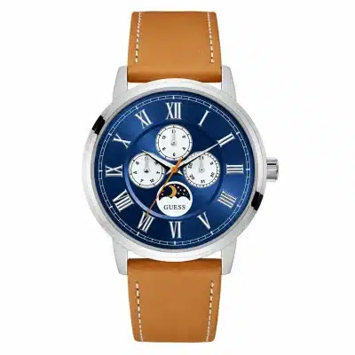 Ανδρικό ρολόι Guess μπλε 44mm με ροζ χρυσή κάσα 100M W0971G3