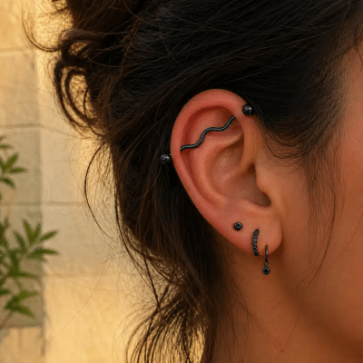 Μαύρο Industrial Piercing με Κυματιστό Σχέδιο NRI0016