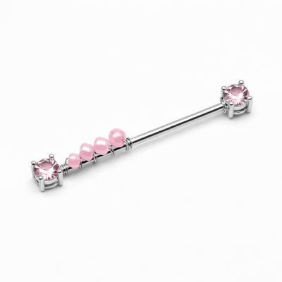 Industrial Piercing με Ροζ Χάντρες σε Ασημί Φινίρισμα NRI0020