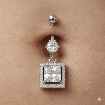 Piercing Αφαλού Ασημί Τετράγωνο με Ζιργκόν SA777