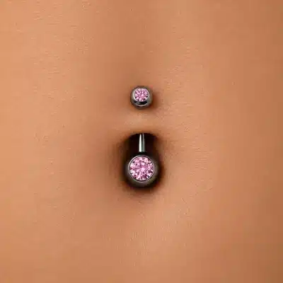 Piercing Αφαλού Μαύρο με Ροζ Πέτρα SA1036