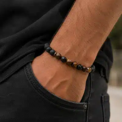 Βραχιόλι αντρικό με ηφαιστειακή λάβα και μάτι τίγρης NRMB0138
