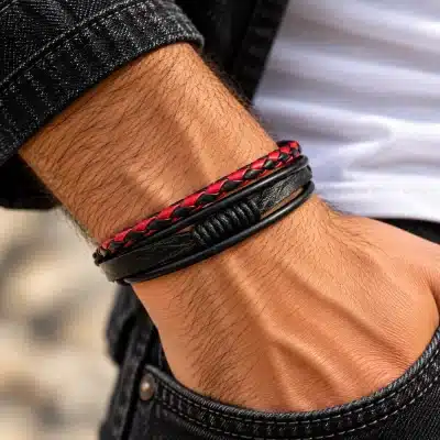 Ανδρικό δερμάτινο βραχιόλι μαύρο κόκκινο – Boho χειροποίητο στυλ MAN127