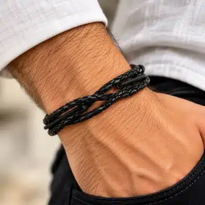 Ανδρικό βραχιόλι δερμάτινο μαύρο – Λεπτό πλεχτό χειροποίητο βραχιόλι MAN152