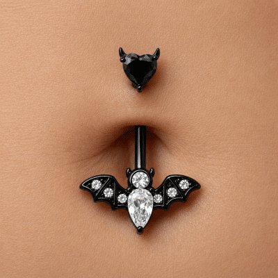 Piercing Αφαλού Νυχτερίδα Μαύρο με Λευκές Πέτρες SA1004