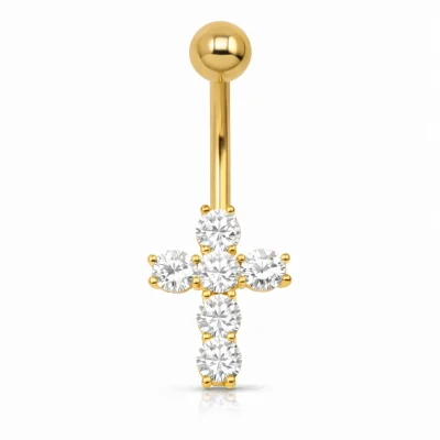 Piercing αφαλού σταυρός σε χρυσό χρώμα με λευκές πέτρες SA1022 Piercing αφαλού σταυρός σε χρυσό χρώμα με λευκές πέτρες SA1022