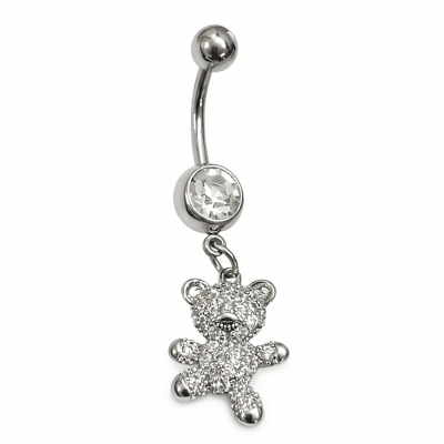 Piercing Αφαλού Αρκουδάκι με Διάφανες Πέτρες σε Ασημί Χρώμα SA1017
