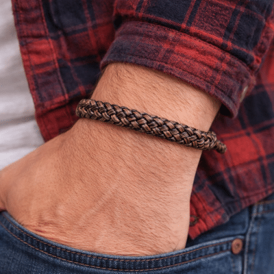 Ανδρικό καφέ πλεκτό βραχιόλι – Minimal δερμάτινο βραχιόλι χειρός MAN47