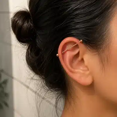 Industrial piercing με διπλή καρδιά σε ροζ χρυσό χρώμα NRI0044