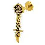 Helix Piercing Νεκροκεφαλή με Σπαθί Κρεμαστό Χρυσό Design SS172A
