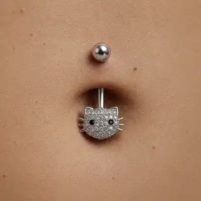 Piercing αφαλού ατσάλινο γατούλα – Λαμπερό σχέδιο με ζιργκόν SA1055