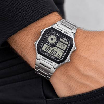 Ανδρικό Ψηφιακό Ρολόι Casio World Time Illuminator 11-AE-1200WHD-1AVEF Ασημί με Ατσάλινο Μπρασελέ