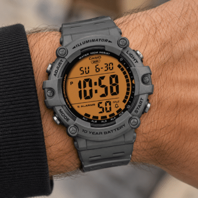Ανδρικό Ψηφιακό Ρολόι Casio Illuminator 11-AE-1500WHC-8AVEF Γκρι με Πορτοκαλί Οθόνη 100M