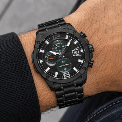 Ανδρικό Ρολόι Multifunction Μαύρο με Μεταλλικό Μπρασελέ και Πράσινες Λεπτομέρειες ST.1.10452-5