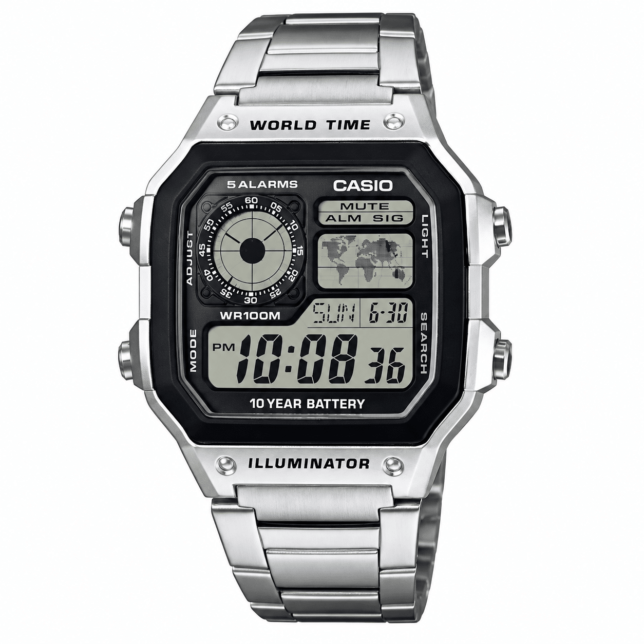 Ανδρικό Ψηφιακό Ρολόι Casio World Time Illuminator 11-AE-1200WHD-1AVEF Ασημί με Ατσάλινο Μπρασελέ Ανδρικό Ψηφιακό Ρολόι Casio World Time Illuminator 11-AE-1200WHD-1AVEF Ασημί με Ατσάλινο Μπρασελέ
